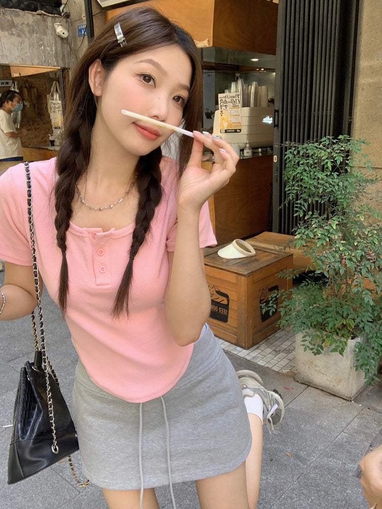 半袖ボタンシンプルT