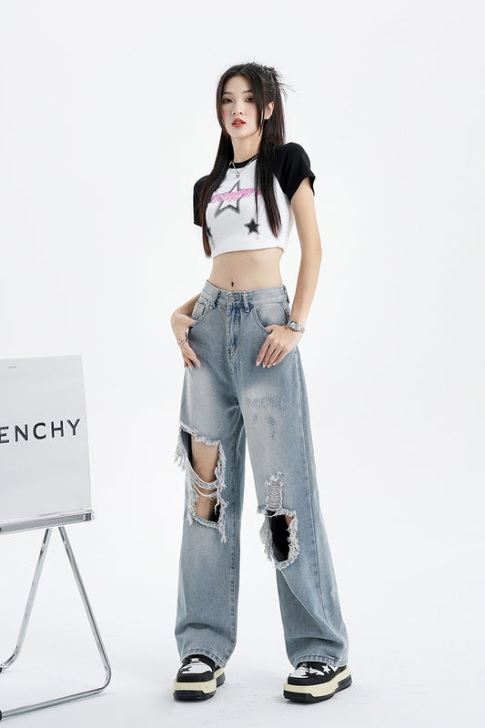 ダメージワイドデニムパンツ