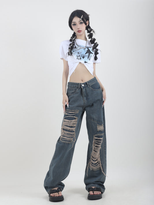 ダメージワイドデニムパンツ